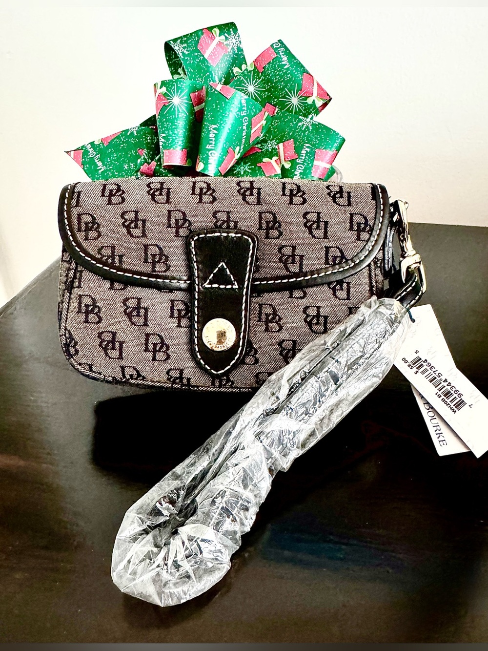 NWT Dooney & Bourke Signature DB Monogram Wristlet Black Grey Flap Clutch Pouch